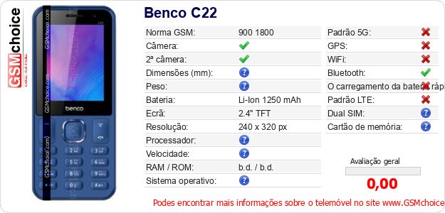 Benco C22 Especificações técnicas do telemóvel Benco C22 Especificações técnicas do telemóvel