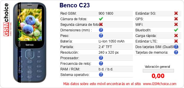 Benco C23 Datos técnicos del móvil Benco C23 Datos técnicos del móvil