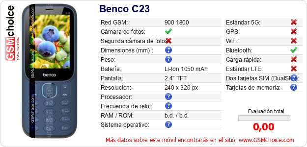 Benco C23 Datos técnicos del móvil Benco C23 Datos técnicos del móvil