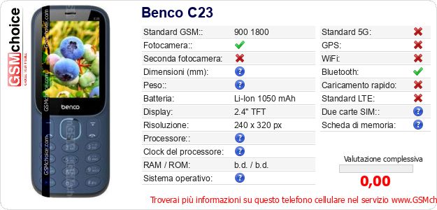 Benco C23 Dati tecnici di telefono cellulare Benco C23 Dati tecnici di telefono cellulare