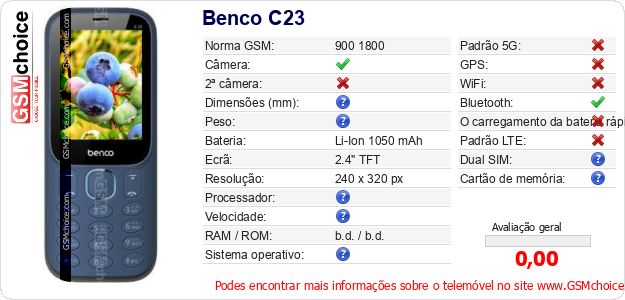 Benco C23 Especificações técnicas do telemóvel Benco C23 Especificações técnicas do telemóvel