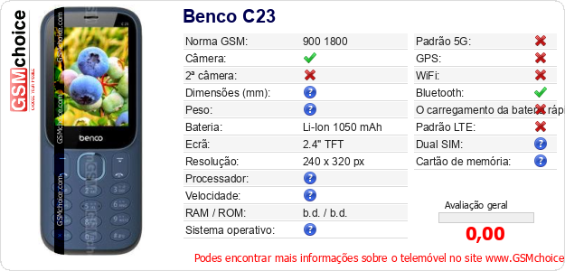 Benco C23 Especificações técnicas do telemóvel 