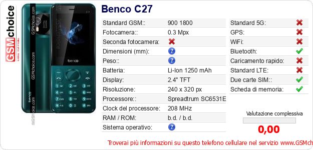 Benco C27 Dati tecnici di telefono cellulare 