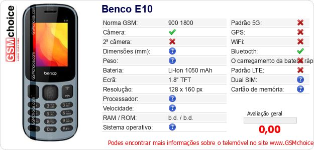 Benco E10 Especificações técnicas do telemóvel Benco E10 Especificações técnicas do telemóvel