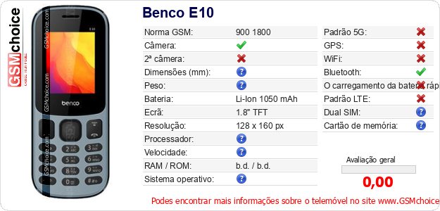 Benco E10 Especificações técnicas do telemóvel Benco E10 Especificações técnicas do telemóvel