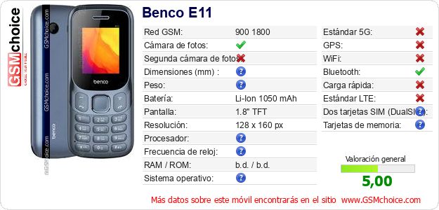 Benco E11 Datos técnicos del móvil Benco E11 Datos técnicos del móvil