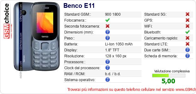 Benco E11 Dati tecnici di telefono cellulare 