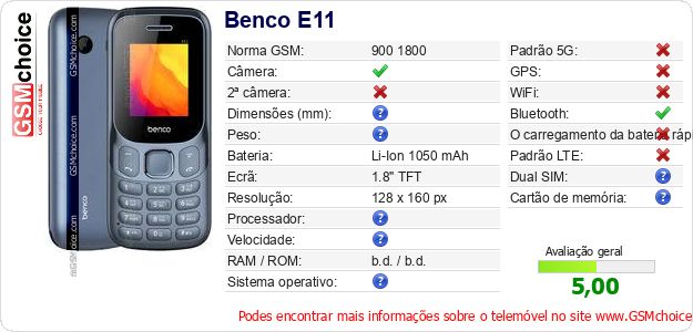 Benco E11 Especificações técnicas do telemóvel Benco E11 Especificações técnicas do telemóvel