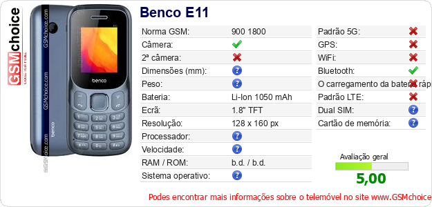 Benco E11 Especificações técnicas do telemóvel 