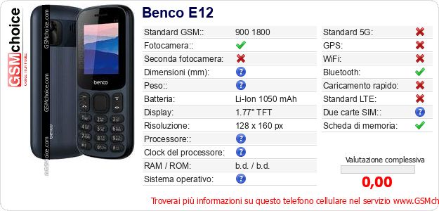 Benco E12 Dati tecnici di telefono cellulare 