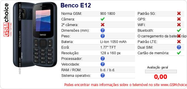 Benco E12 Especificações técnicas do telemóvel Benco E12 Especificações técnicas do telemóvel