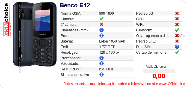 Benco E12 Especificações técnicas do telemóvel 