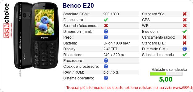 Benco E20 Dati tecnici di telefono cellulare Benco E20 Dati tecnici di telefono cellulare