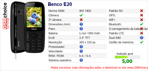 Benco E20 Especificações técnicas do telemóvel 