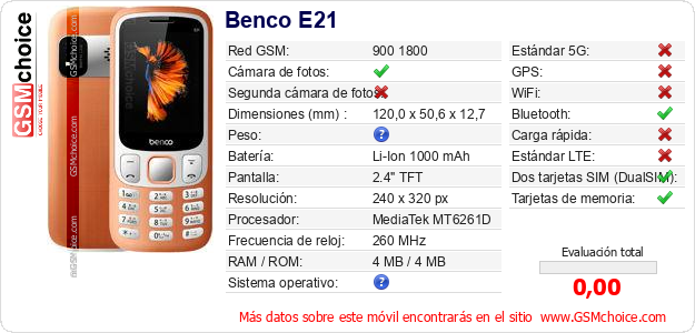 Benco E21 Datos técnicos del móvil 