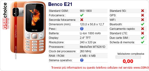 Benco E21 Dati tecnici di telefono cellulare 