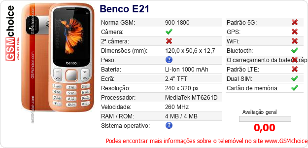 Benco E21 Especificações técnicas do telemóvel 