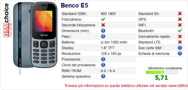 Benco E5 Dati tecnici di telefono cellulare 