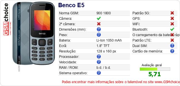 Benco E5 Especificações técnicas do telemóvel Benco E5 Especificações técnicas do telemóvel