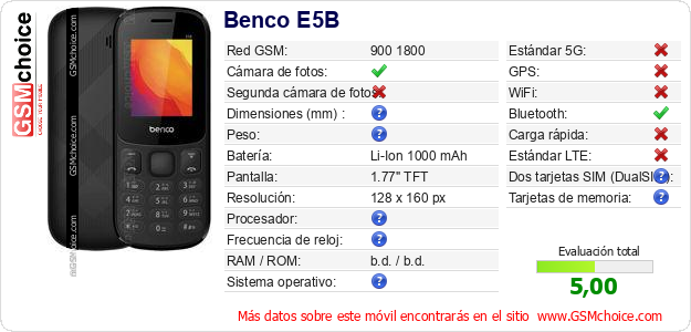 Benco E5B Datos técnicos del móvil Benco E5B Datos técnicos del móvil