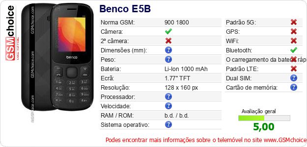 Benco E5B Especificações técnicas do telemóvel 