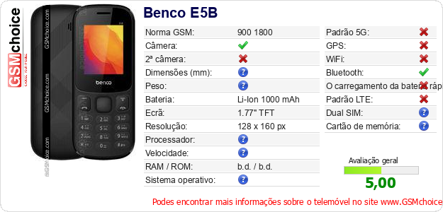 Benco E5B Especificações técnicas do telemóvel 