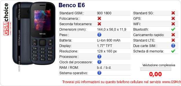 Benco E6 Dati tecnici di telefono cellulare 