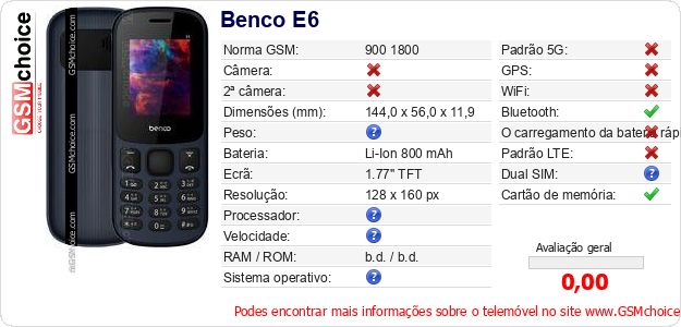 Benco E6 Especificações técnicas do telemóvel 