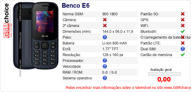 Benco E6 Especificações técnicas do telemóvel Benco E6 Especificações técnicas do telemóvel