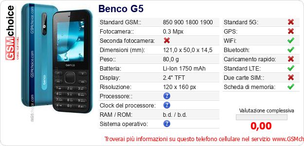 Benco G5 Dati tecnici di telefono cellulare Benco G5 Dati tecnici di telefono cellulare