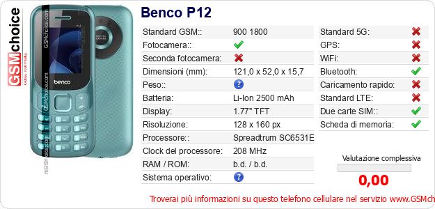 Benco P12 Dati tecnici di telefono cellulare 