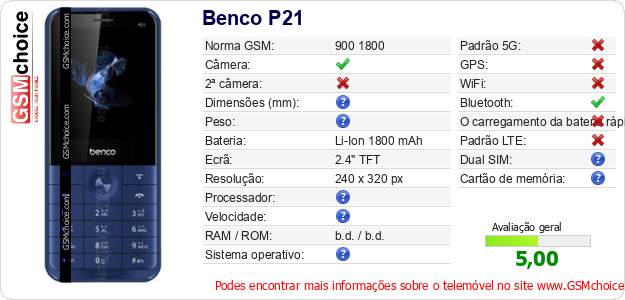Benco P21 Especificações técnicas do telemóvel 