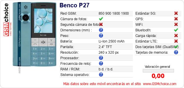 Benco P27 Datos técnicos del móvil Benco P27 Datos técnicos del móvil