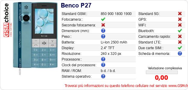 Benco P27 Dati tecnici di telefono cellulare 