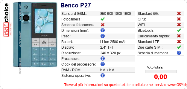 Benco P27 Dati tecnici di telefono cellulare 