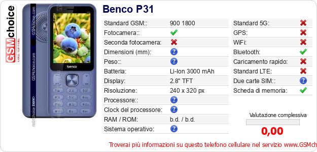 Benco P31 Dati tecnici di telefono cellulare Benco P31 Dati tecnici di telefono cellulare