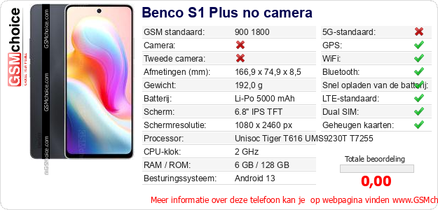 Benco S1 Plus no camera Technische gegevens Benco S1 Plus no camera Technische gegevens