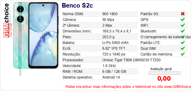 Benco S2c Especificações técnicas do telemóvel Benco S2c Especificações técnicas do telemóvel