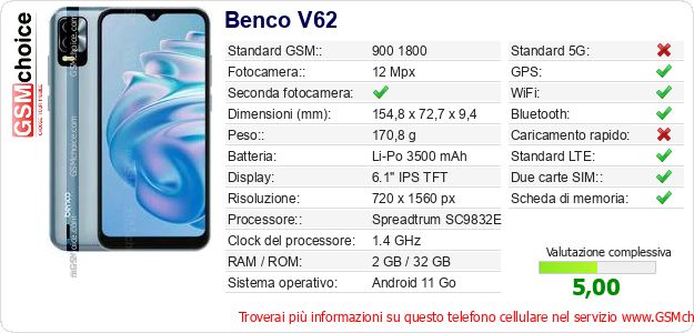 Benco V62 Dati tecnici di telefono cellulare Benco V62 Dati tecnici di telefono cellulare