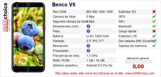 Benco V6 Datos técnicos del móvil Benco V6 Datos técnicos del móvil