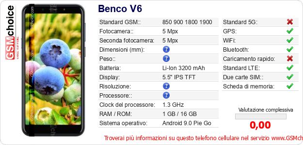 Benco V6 Dati tecnici di telefono cellulare Benco V6 Dati tecnici di telefono cellulare