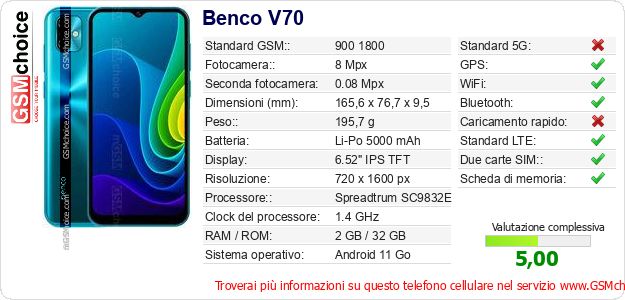 Benco V70 Dati tecnici di telefono cellulare Benco V70 Dati tecnici di telefono cellulare