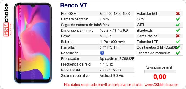 Benco V7 Datos técnicos del móvil Benco V7 Datos técnicos del móvil