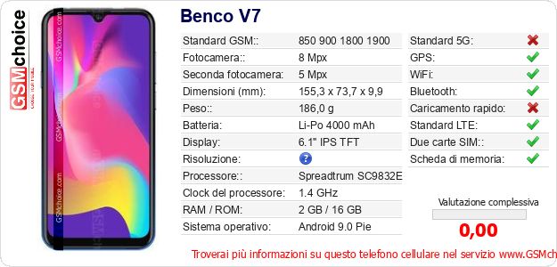 Benco V7 Dati tecnici di telefono cellulare Benco V7 Dati tecnici di telefono cellulare