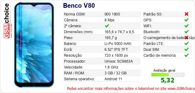 Benco V80 Especificações técnicas do telemóvel 