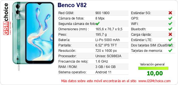 Benco V82 Datos técnicos del móvil Benco V82 Datos técnicos del móvil