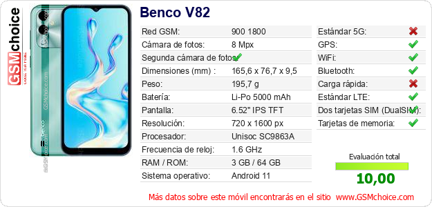 Benco V82 Datos técnicos del móvil 