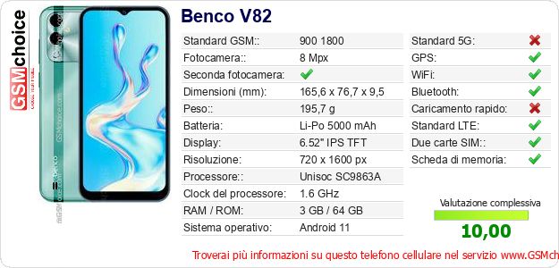 Benco V82 Dati tecnici di telefono cellulare 