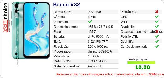 Benco V82 Especificações técnicas do telemóvel 