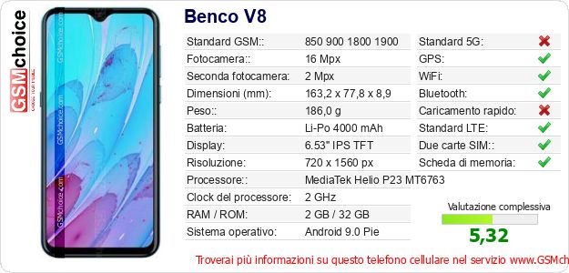 Benco V8 Dati tecnici di telefono cellulare Benco V8 Dati tecnici di telefono cellulare
